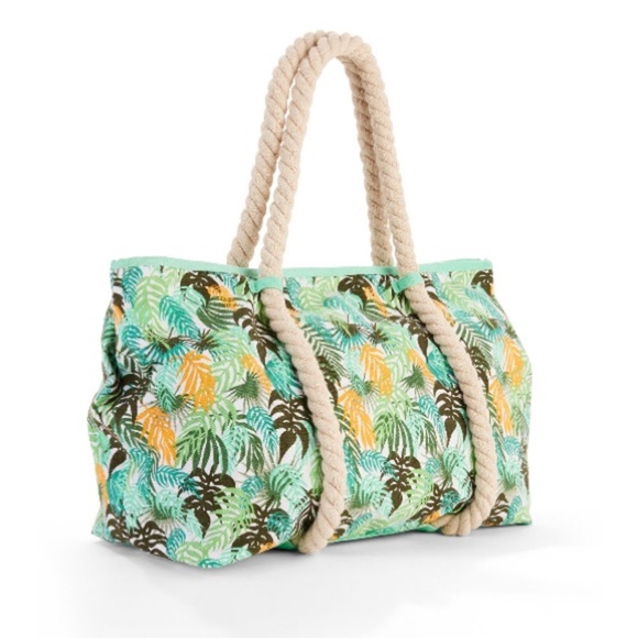 No Boundaries Green Palm Leaf Rope Tote Beach Bag - Picture 3 of 10